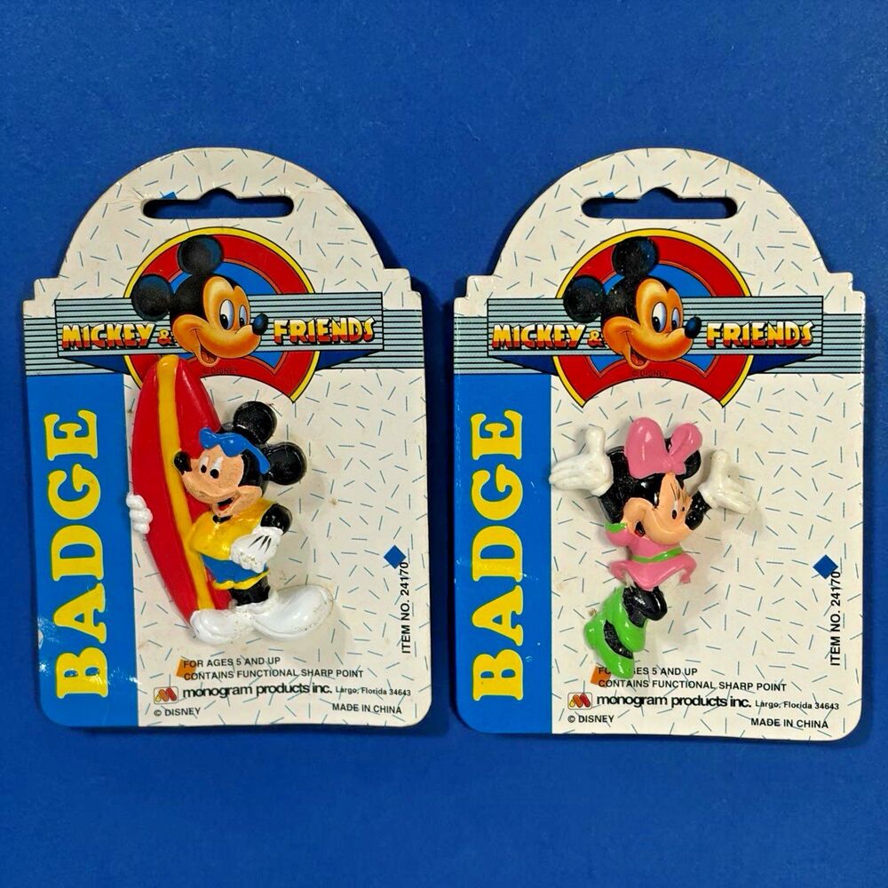 Vintage NOS Disney Mickey Surfboard & Minnie Mouse Plastic Badge Pin Set of 2